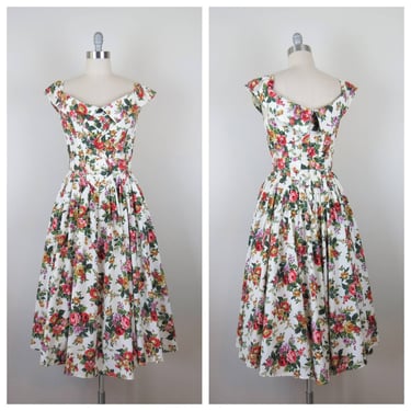 Vintage 1980s floral dress, full skirt, off the shoulder, 80s does 50s, sundress 