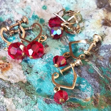 Pair of Vintage Screwback Earrings~Brass and Red Crystal Earrings~Retro Vintage Jewery~Boho Retro 60s Jewelry~JewelsandMetals. 