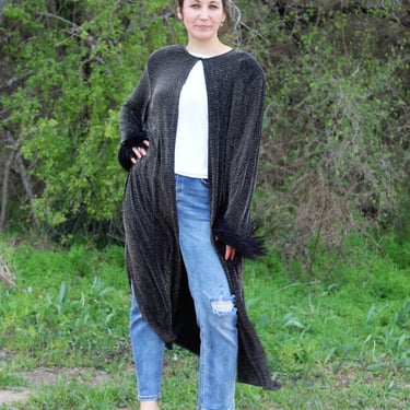 Vintage 1990s Arianna By Rachel Kaye Evening Coat, Metallic Knit, Nylon Blend, Feather Cuffs, Size 24W 