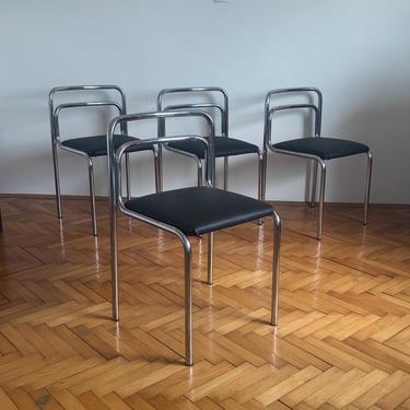 SET of 4 Black Vintage Chairs / Mid Century Modern Tubular Dining Chair / Space Age / Chrome Design / Italian Modernist / 1970s 