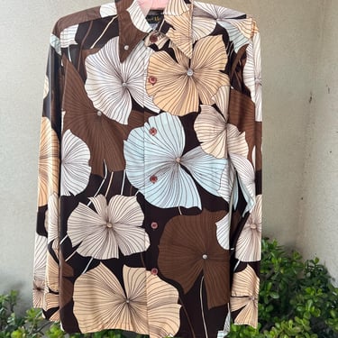 Vintage disco men’s shirt browns blues floral nylon Sz M by Casual Male of La Jolla CA 