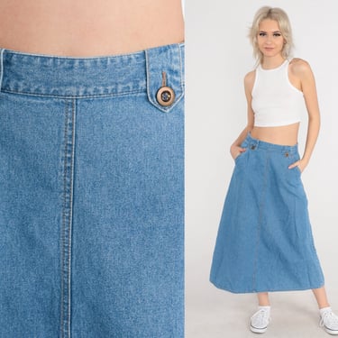Denim Maxi Skirt 90s Long Jean Skirt High Waisted Medium Wash Blue Retro A-Line Skirt Vintage Pocket Skirt Casual 1990s Small 