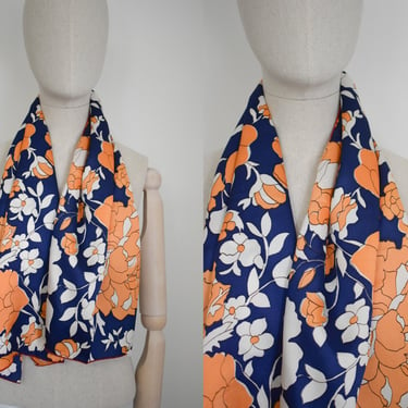 1960s Navy and Orange Floral Scarf 