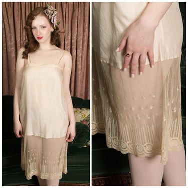 1920s Slip - Versatile Antique 20s Slip in Natural Ivory Silk with Fine Embroidered Net Lace Hem 