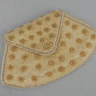 Vintage Small Satin Beaded Purse - Gold White - Made in France - Loop for Belt or Hand 