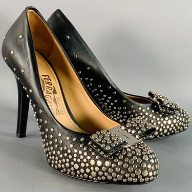 SALVATORE FERRAGAMO Size 5 Black Silver Leather Studded Bow Pumps