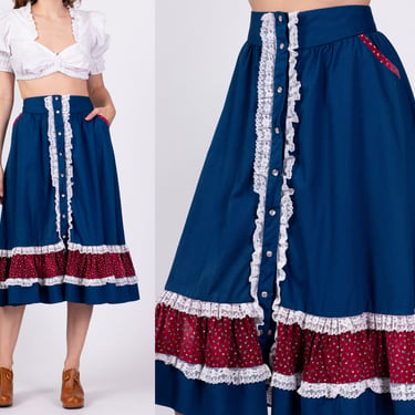 70s Navy Blue Midi Prairie Skirt Medium, 29" | Vintage High Waisted Boho Lace Trim Pocket Skirt 