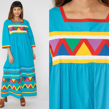 Geometric Tent Dress 80s Turquoise Puff Sleeve Maxi Dress Hippie Bohemian Bib Vintage Trapeze Boho Bright Indian Patterned 1980s Medium 