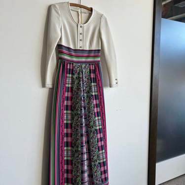60s/70s Long Sleeve Mixed Print Maxi Dress 