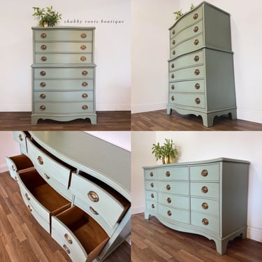 Custom order for Annie- 2 Antique Bow Front Dressers in Duck Egg Sage Blue by Dixie Furniture * one tall dresser &  one long dresser* by Shab