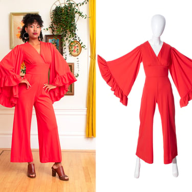 Vintage 1970s Jumpsuit | 70s Red Ruffled Angel Sleeves Wide Leg Jumpsuit (x-small/small) 