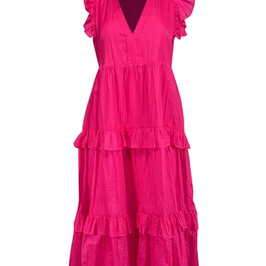 Amanda Uprichard - Bright Pink Crinkled Satin Ruffled Midi Dress Sz S