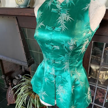 Vintage 1950s Shaheen Tiki Bamboo Fitted Turquoise Top  - Size Small 