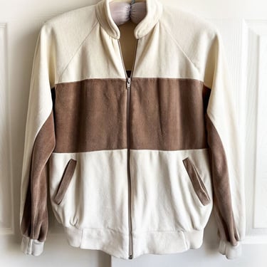 70's Velour Track Jacket, Vintage Ivory Neutrals Soft Cotton Track Suit Jacket Zip Front Designer 1970's, 1980's Mens UNISEX Velvet 