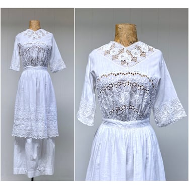 Antique Edwardian Tea Dress, 1910s Cotton Lace Garden Party, Floral Eyelet Ayrshire Whitework, Summer Wedding, Small 34" Bust 26" Waist 