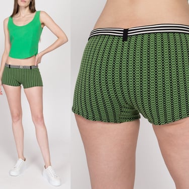 Small 70s Green & Black Anchor Belt Mini Swim Shorts | Vintage Striped Stretchy Swimwear Hot Pants 
