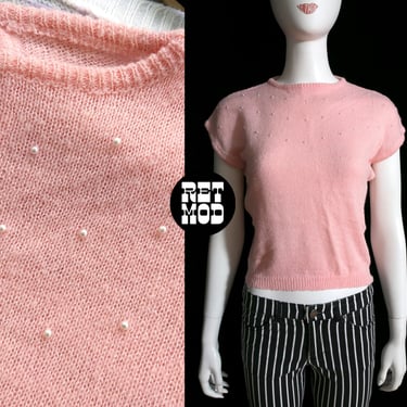 Bombshell Vintage 80s Pastel Pink Knit Top with Pearls 
