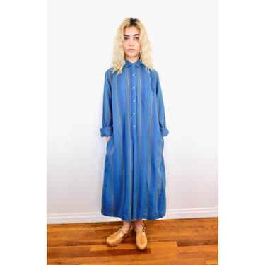 London Shirt Dress // vintage 70s cotton boho hippie hippy sun 1970s menswear oversize blouse blue rainbow stripes striped // O/S 