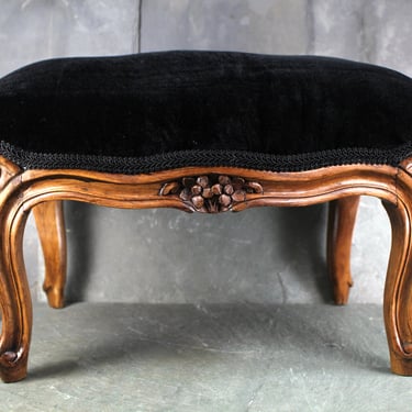 Refurbished Carved Wood Foot Stool - Up-Cycled Vintage Small Foot Rest - Refurbished and Reupholstered with Vintage Velvet 