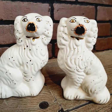 Vintage Ceramic White Staffordshire Spaniel Dog Set 