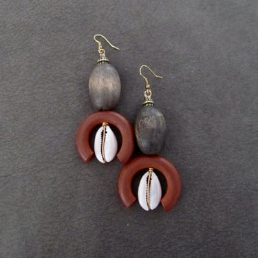 Bold chunky cowrie shell and orange wooden earrings 2 