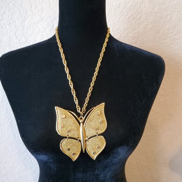 Vintage large butterfly movable necklace gold tone,1970's 