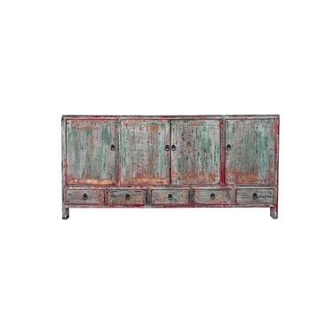 Distressed Refinished Light Teal Green Red Marks Credenza Console Cabinet ws4382E 