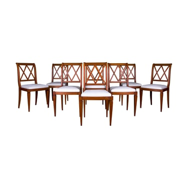 French Neoclassical Directoire Style Beech Dining Chairs W/ Striped White Chenille - Set of 8 