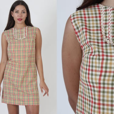 Vintage 60 Pink Checkered Mini Dress, Gingham Mod GoGo Tennis Outfit, Casual Autumn Color Short Preppy Frock 