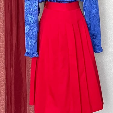 Red Pleated Skirt, High Waist, Midi Skirt, Red Wool, Mid Calf, Made in USA, Vintage 
