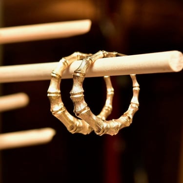 14K Bamboo Hoop Earrings, Yellow Gold Stud Hoops, Statement Earrings, Vintage Jewelry, 35mm 