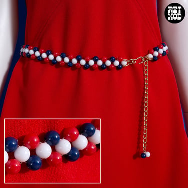 Cool Vintage 60s 70s Red White Blue Beaded Adjustable Chain Belt 