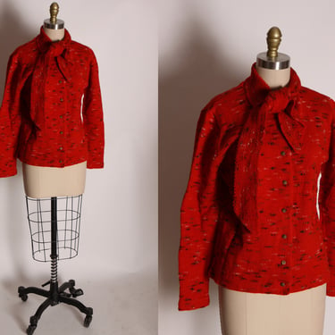 1960s Red and Black Flecked Wool Knit Long Sleeve Scarf Collar Button Up Sweater Cardigan -L 