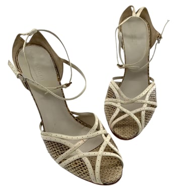 Gucci Strappy Cream Leather and Snake Skin Peep Toe Sandal Heels