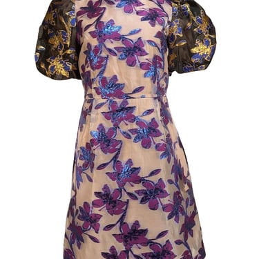 Munthe - Purple & Blue Metallic Floral Dress w/ Black, Blue, & Gold Puff Short Sleeves Sz 6