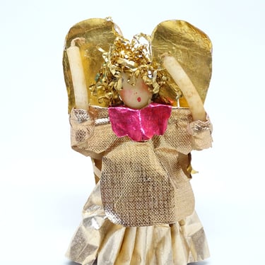 Vintage Rauchgoldengel German Christmas Angel, Nuremberg Doll with Wax Face & Candles, Pleated Foil Skirt, Wings 