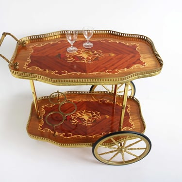 Hollywood Regency Marquetry Inlayed Flowers Bar Cocktail Tea Cart Trolley Beverage Italian 1950 Vintage Lovely 3 Bottle Holder Brass 