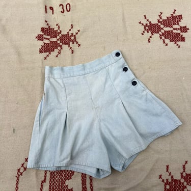 Vintage 1930s Blue Chambray Cotton Shorts Side Buttons Sportswear Separates