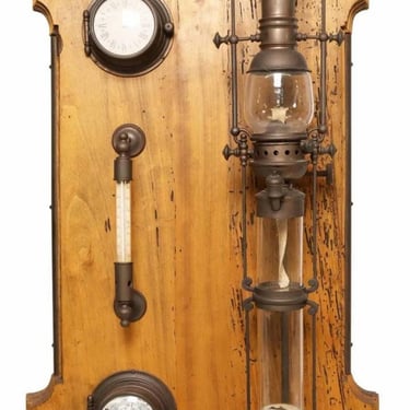Nautical HMS Lydia Frigate Ship's Weatherstation Lantern Barometer Thermometer Mounted Wood Wall Panel Plaque 
