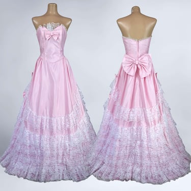 VINTAGE 80s Pink Lacey Southern Belle Ball Gown Dress by Flirtations 7/8 | 1980s Strapless Princess Prom Dress | VFG 