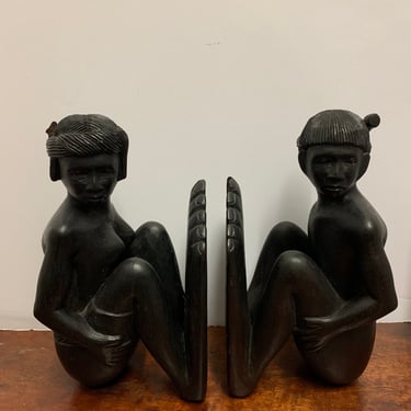 Vintage European 1970s Pair of Hand Carved Bookends 