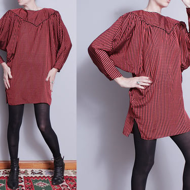 Vintage 1980's | Red & Black | Striped | Dolman Sleeve | Printed | Triangle Silhouette | Dress | S 