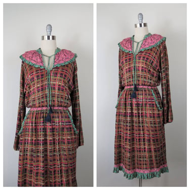 Vintage 1980s Diane Freis dress, vibrant, color block, ruffle neck 