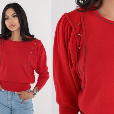 Red Sweater 80s Pleated Sleeve Sweater Knit Pullover Decorative Buttons Retro Leg O Mutton Sweater Eighties Acrylic 1980s Vintage Small S 