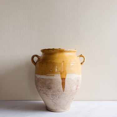 antique french yellow glazed confit pot with drip