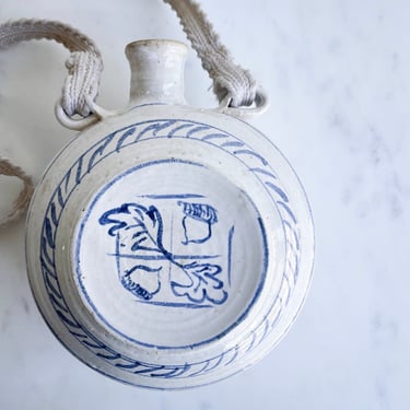 Antique Stoneware Canteen Wine Canteen Rootbeer Liquor Bottle Jug Jar Blue and White Delft Hand Painted Acorn Oak Leaf Utica Whites Pottery 