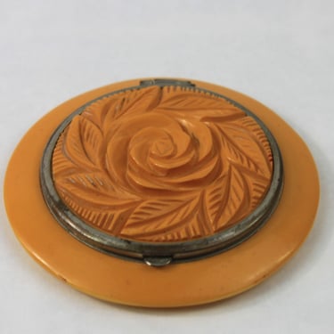 1930s Butterscotch Bakelite Powder Compact Carved Rose 