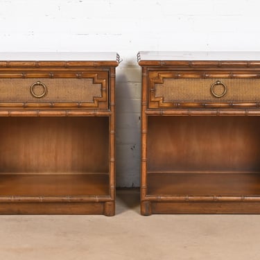 Drexel Hollywood Regency Chinoiserie Walnut Faux Bamboo Nightstands, Pair