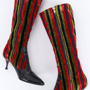 Stripe Velvet &amp; Leather Heel Boot