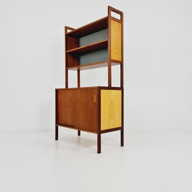 Mid-century Danish vintage teak & beech 2 parts bookshelf cabinet by Gillis Lundgren, 1960s 